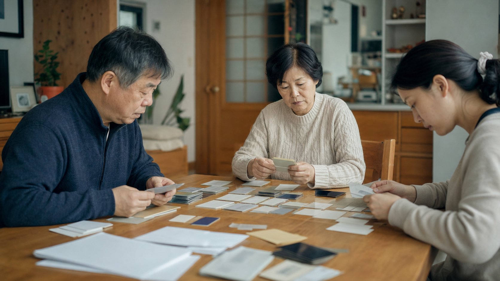 고인의 카드와 신분증, 서류를 항목별로 분류하는 가족