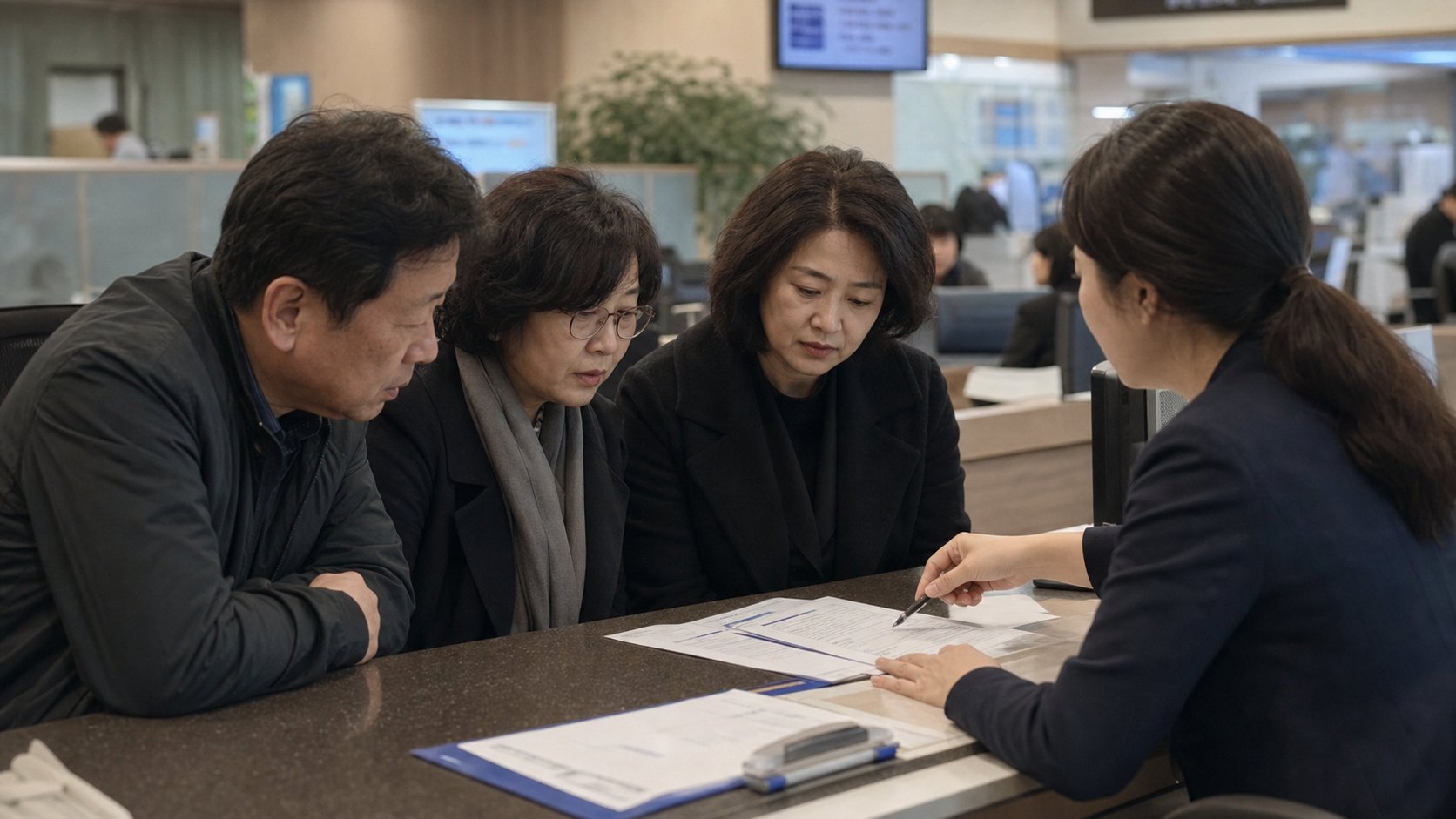 주민센터에서 사망자 재산 통합 조회 신청을 안내받는 유족