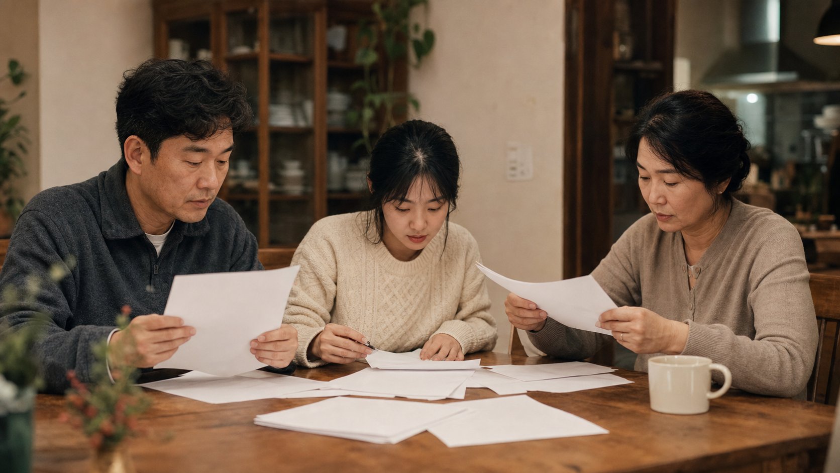 조회 결과 서류를 펼쳐 놓고 항목을 점검하는 가족