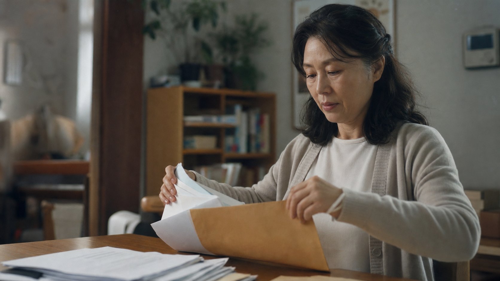 유족이 연금 청구에 필요한 서류를 봉투에 정리해 챙기는 모습