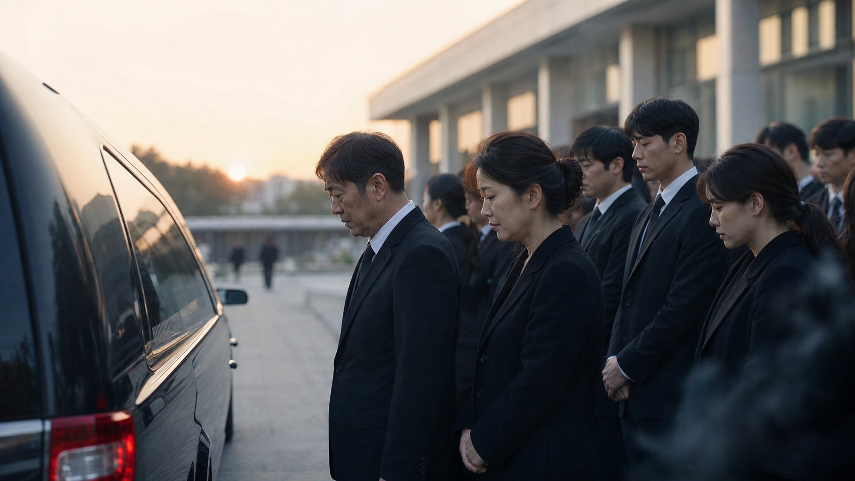 셋째 날 새벽 발인을 위해 가족이 운구 차량 곁에서 고인을 배웅하는 모습