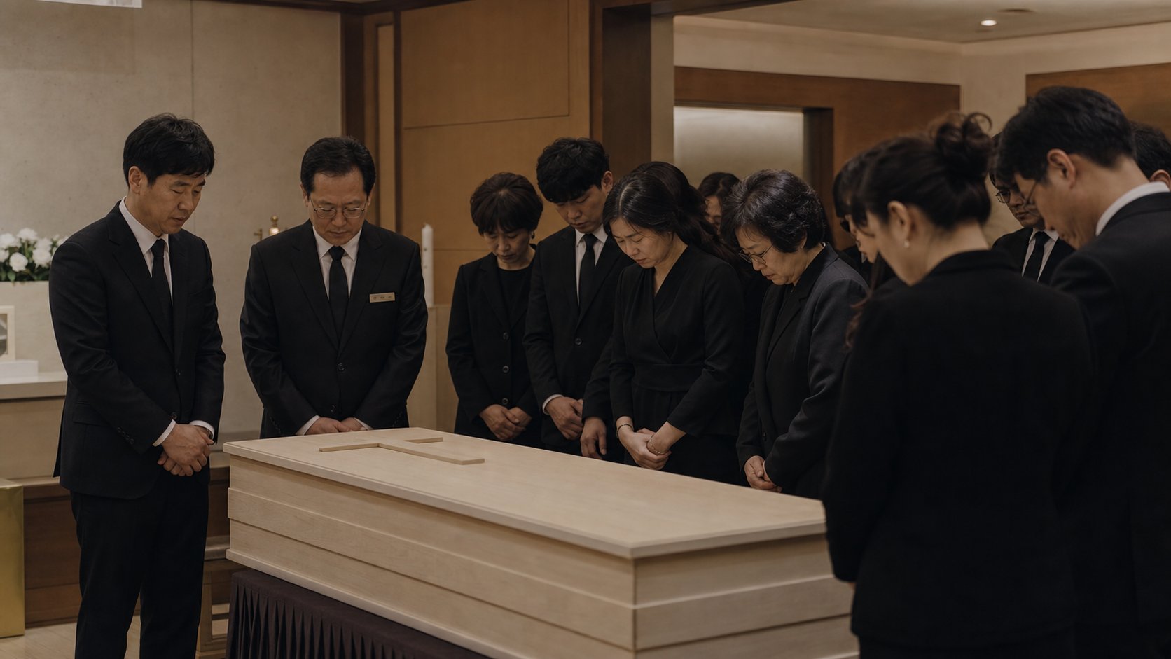 입관실에서 목사와 장례지도사, 가족이 관 앞에서 기도하는 모습