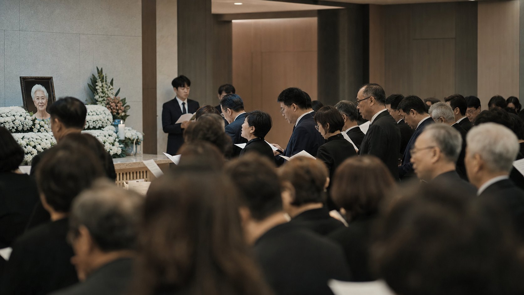 빈소 앞 영정과 국화 앞에서 가족과 조문객이 발인예배를 드리는 모습