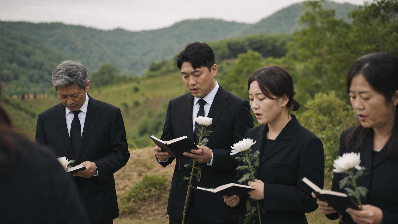 가족이 야외 언덕에서 찬송가집을 들고 함께 추모하는 모습