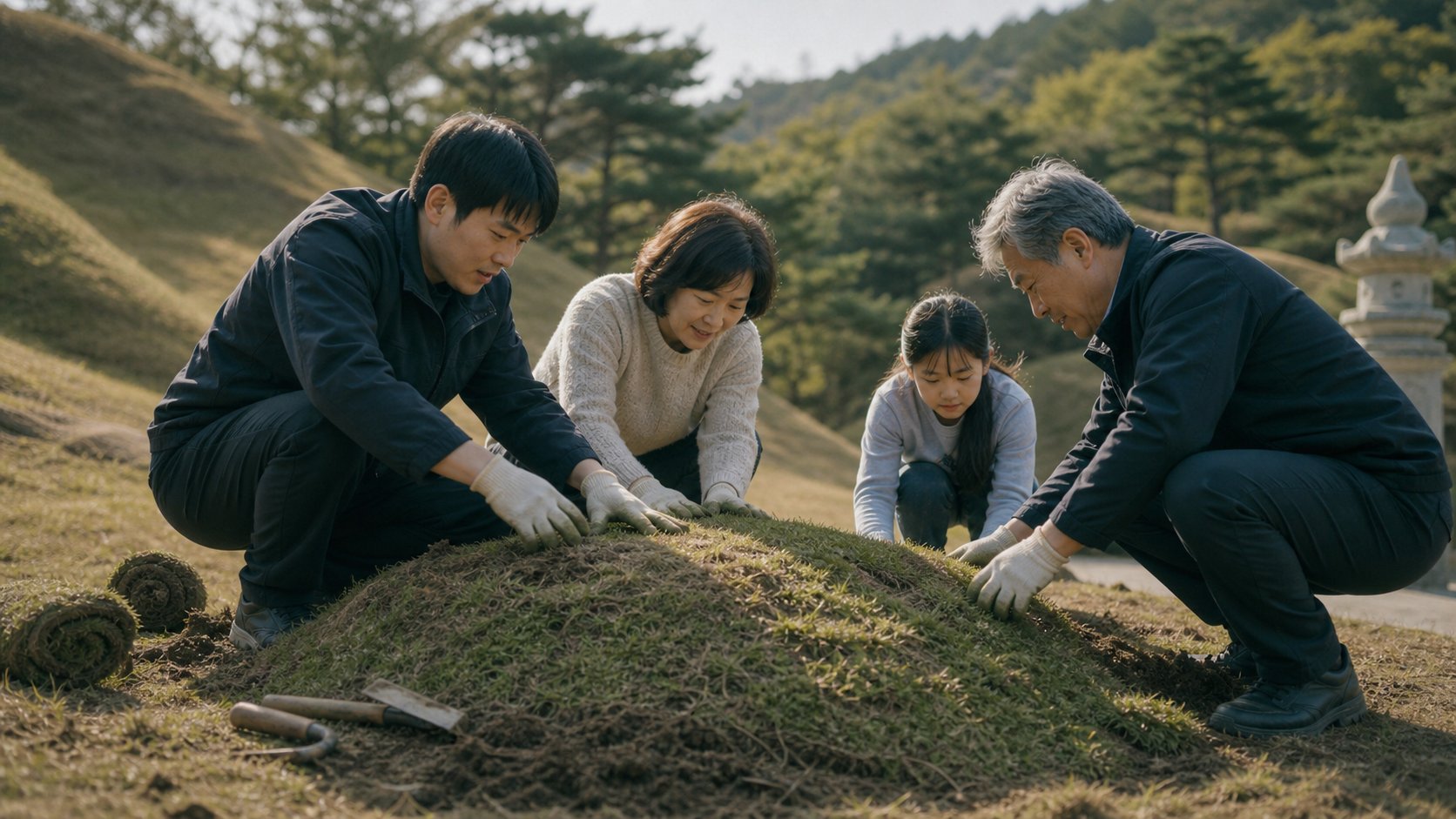 산소에서 봉분에 흙을 보충하고 잔디를 입히는 사초 작업 모습
