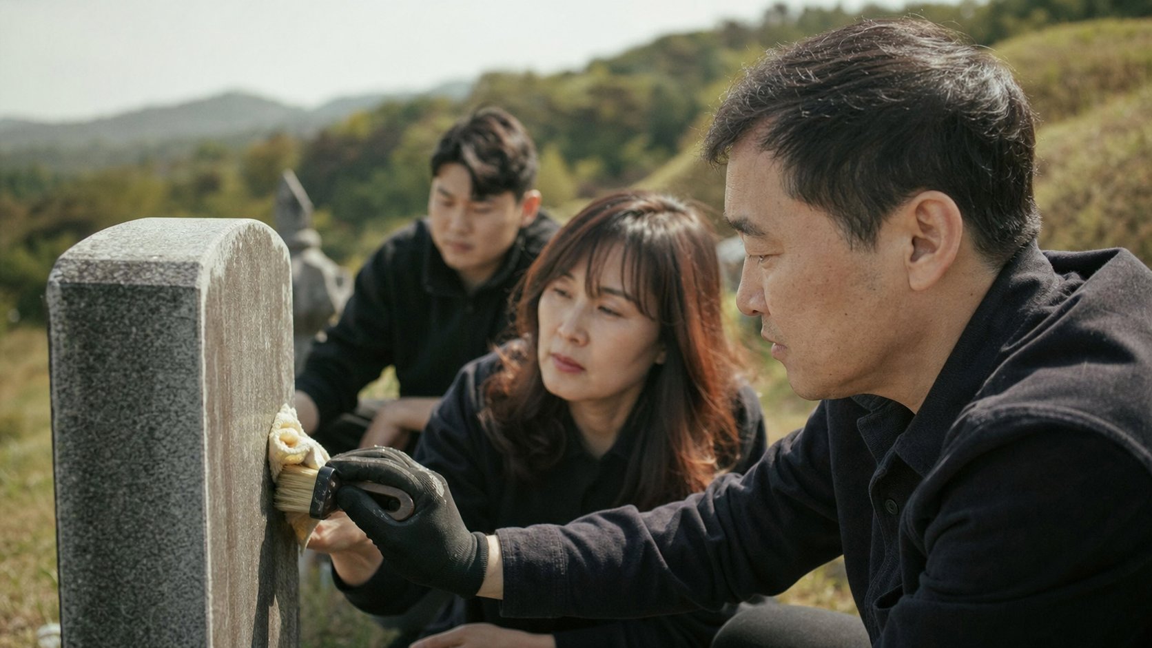 가족이 비석을 부드러운 솔과 천으로 닦으며 묘소를 정돈하는 모습