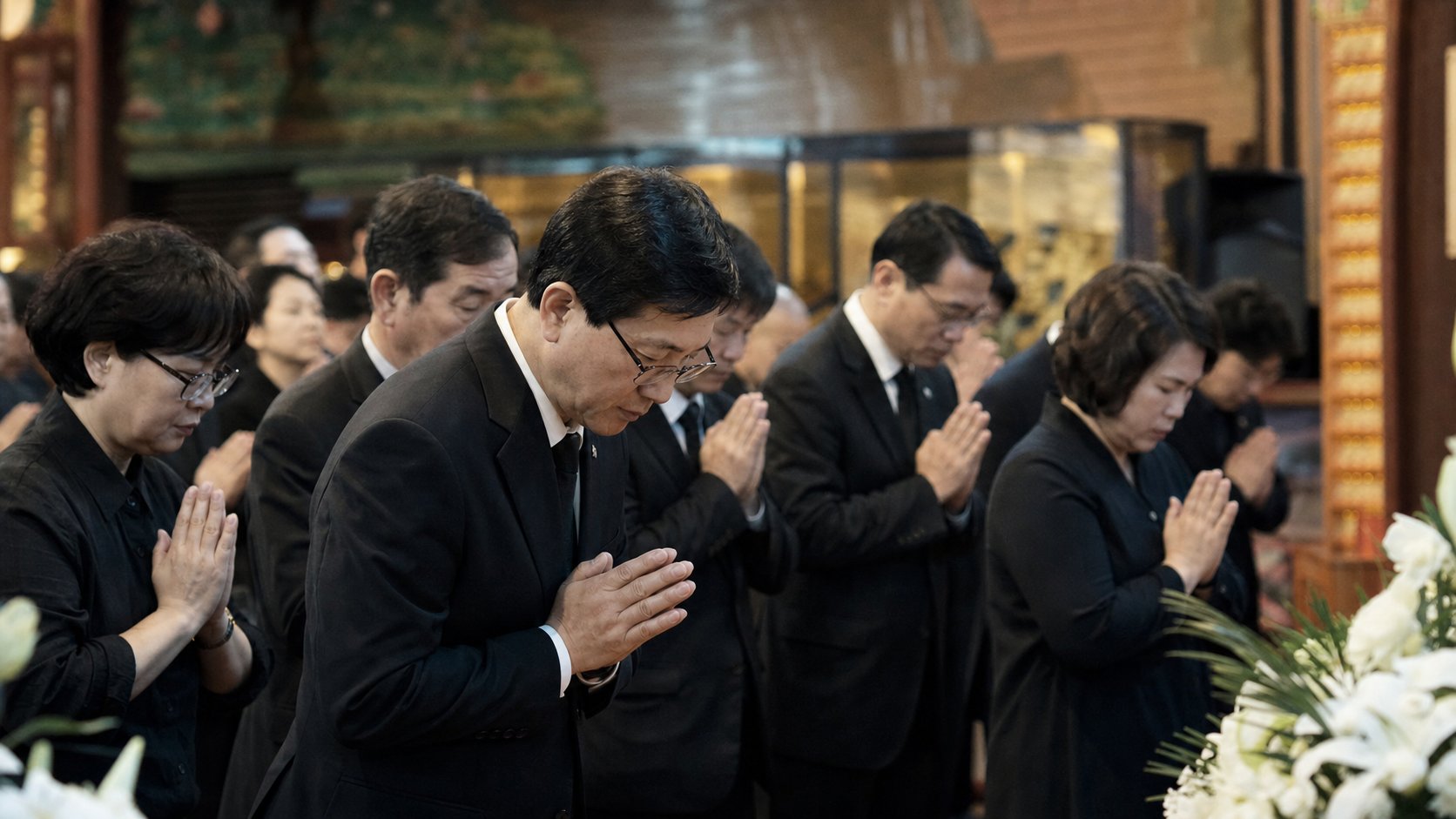 사찰 법당에서 참석자들이 합장하고 절을 올리는 49재 의식 모습