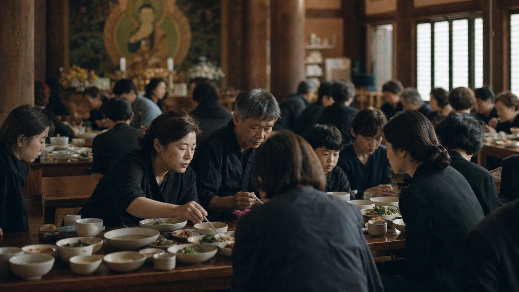 49재를 마친 뒤 사찰 공양간에서 가족과 참석자들이 음식을 나누는 모습