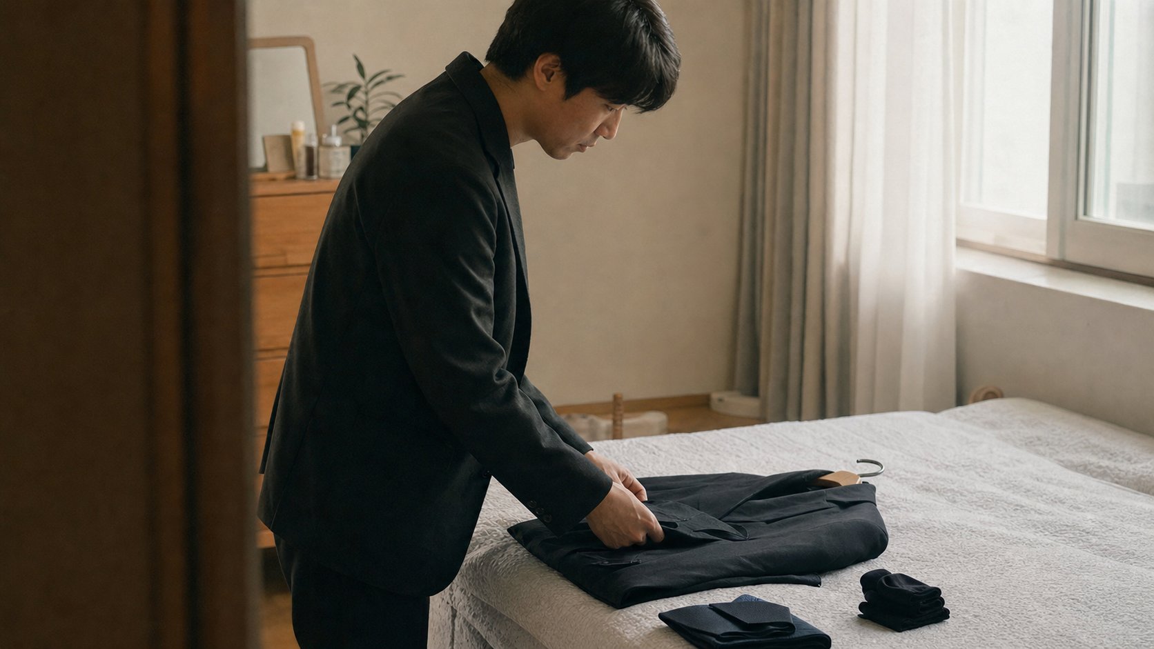 어두운 색 단정한 옷과 양말을 챙기며 49재 참석을 준비하는 모습