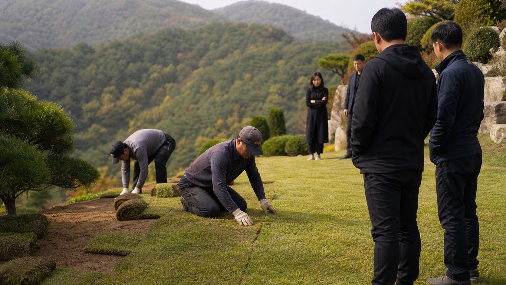 흙을 덮어 봉분을 다지고 잔디를 입혀 묘를 완성하는 모습