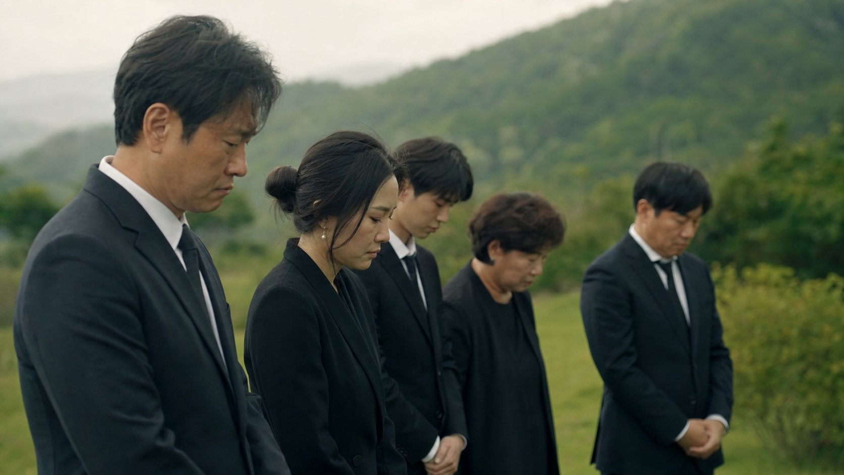 가족이 묘 앞에서 고개 숙여 고인을 추모하는 평토제 마무리 모습