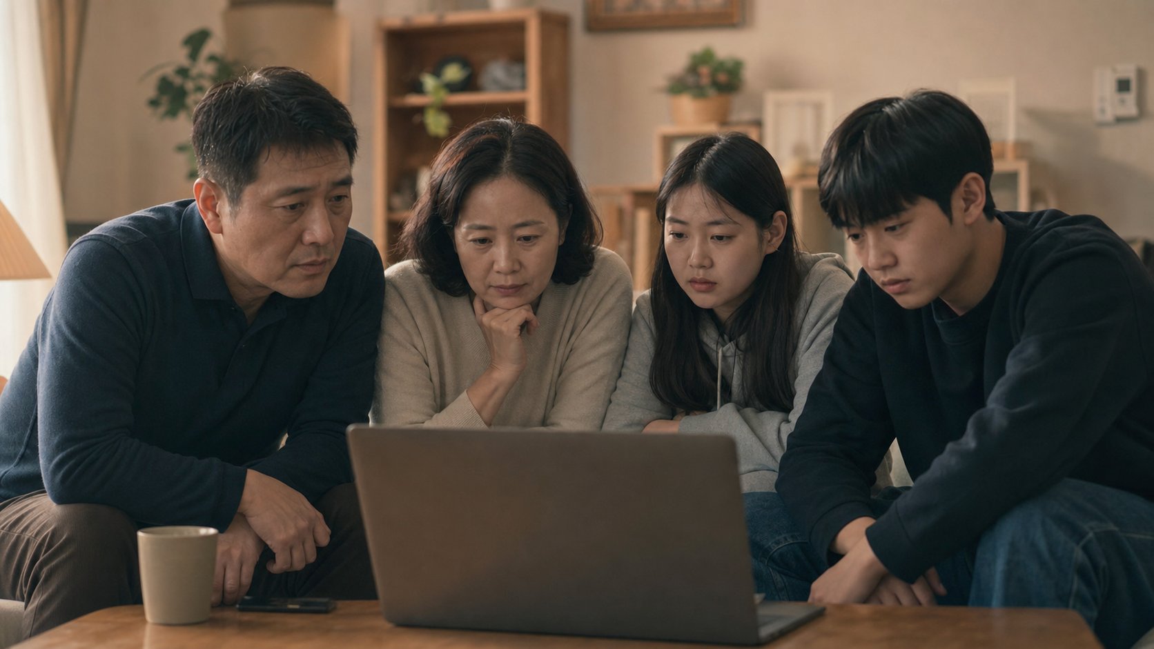 노트북으로 후불제 상조 업체 정보를 확인하는 가족