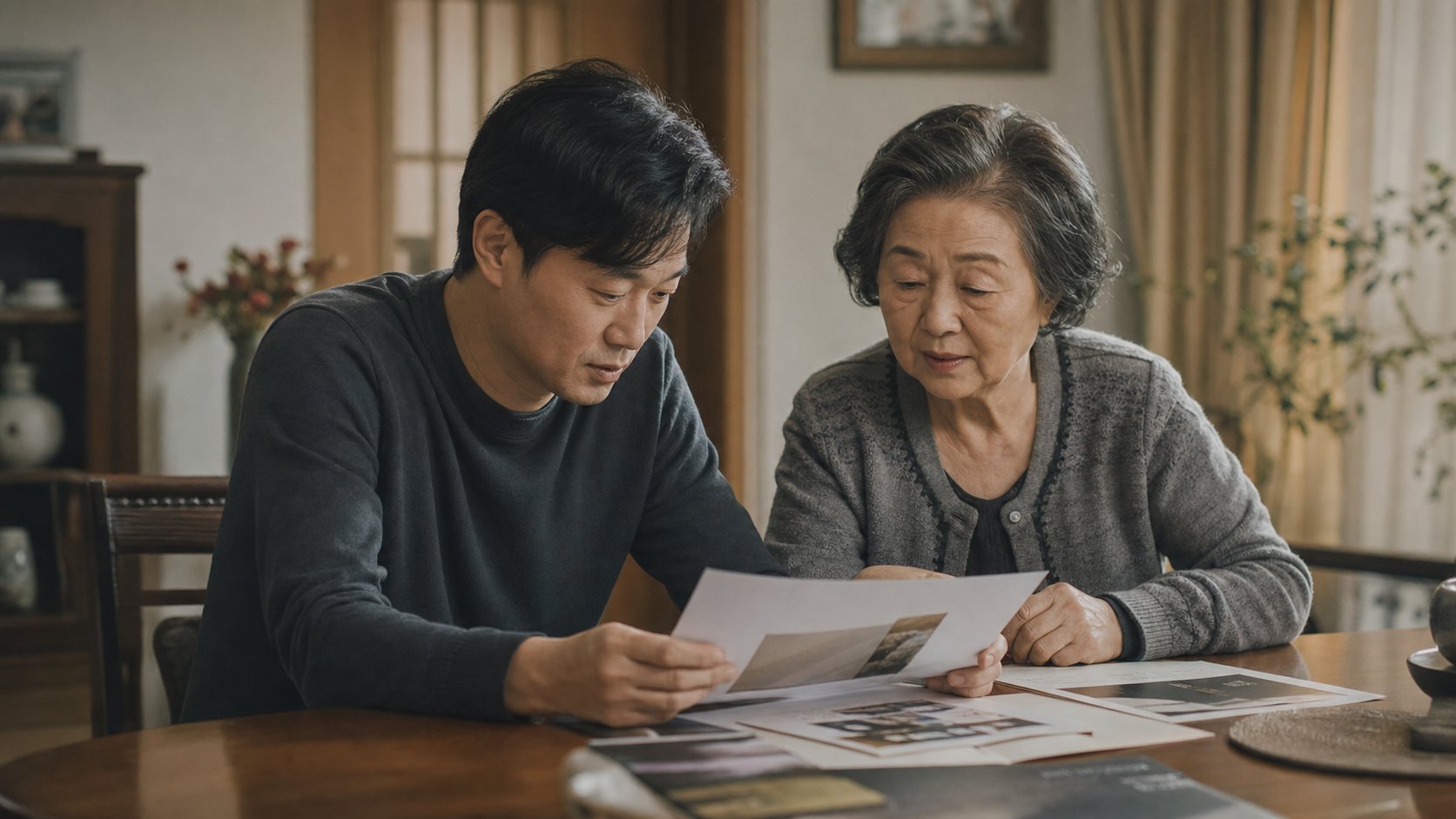 상조 상품 자료를 보며 의논하는 부모와 자녀
