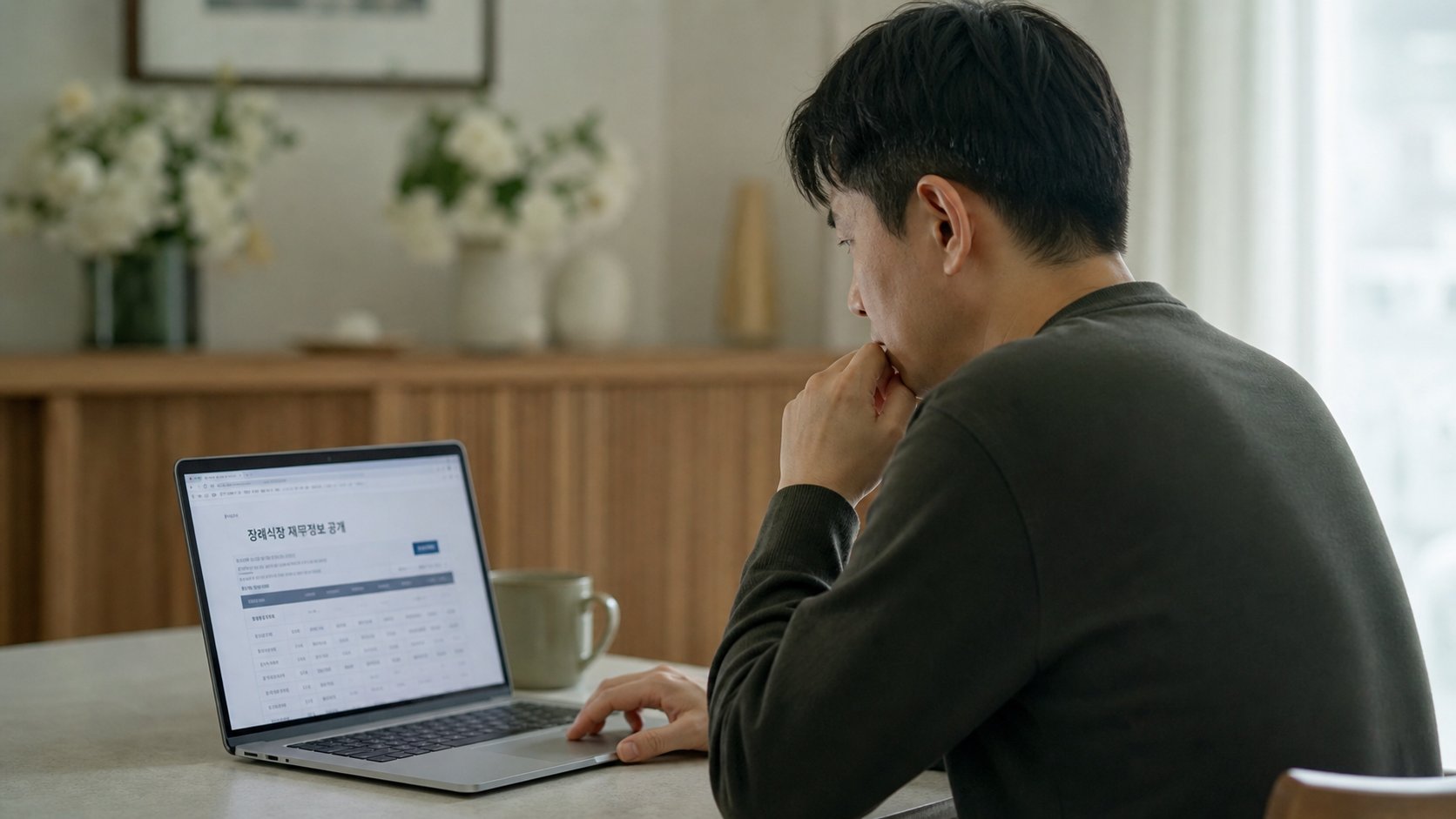 노트북으로 상조회사 재무 정보를 확인하는 모습