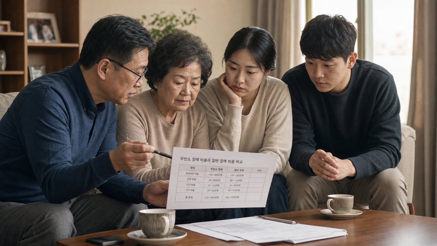 무빈소장례와 일반 장례 비용 비교표를 보는 가족