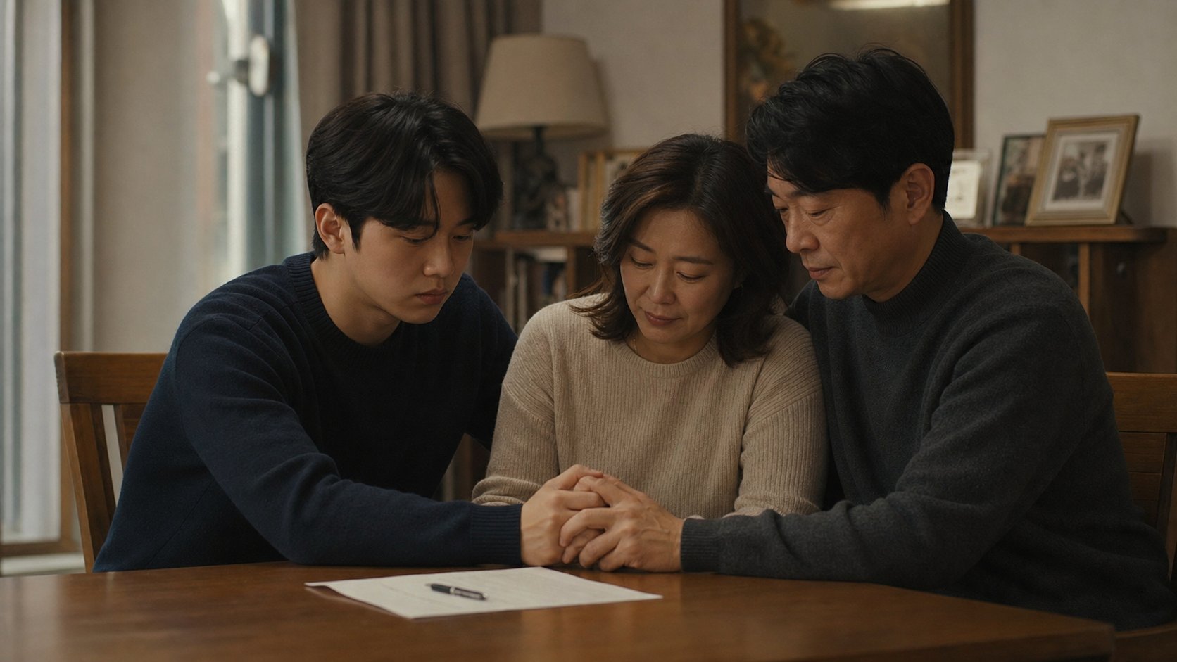 정리된 견적서를 덮으며 위로를 나누는 가족