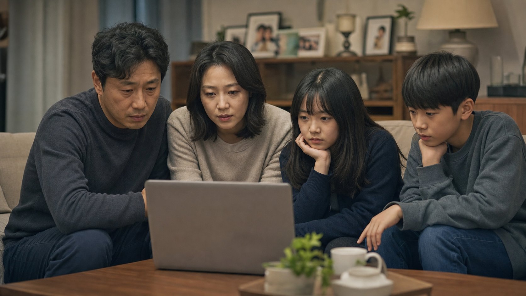 노트북으로 상조회사 사업자 정보를 조회하는 가족