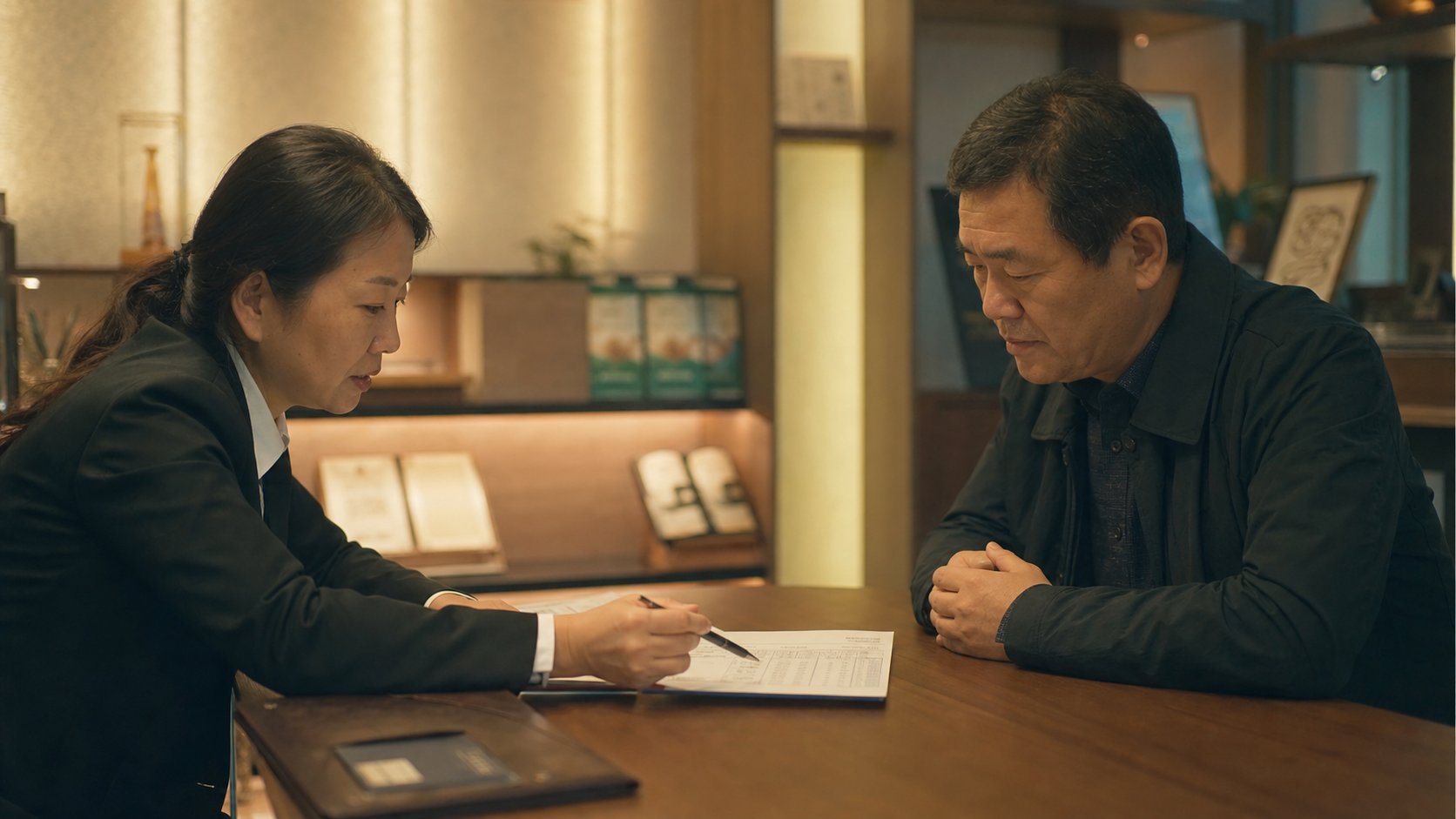 환급률 표가 적힌 계약서를 함께 비교하는 상담