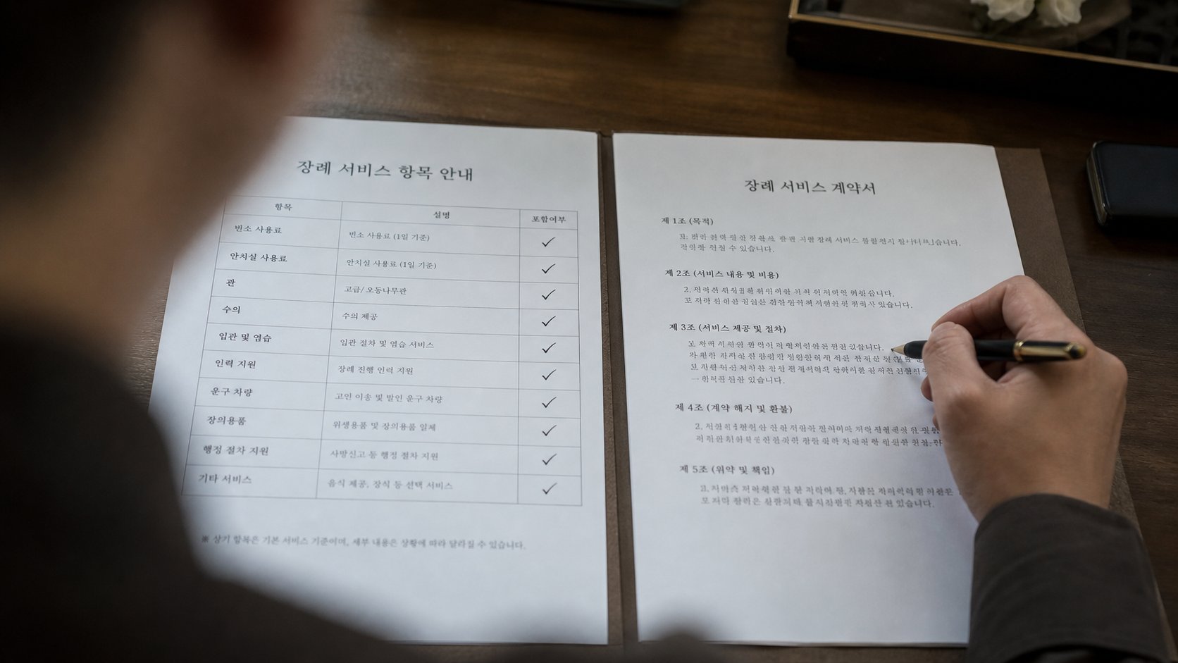 행사 품목 안내서와 계약서를 대조하는 손