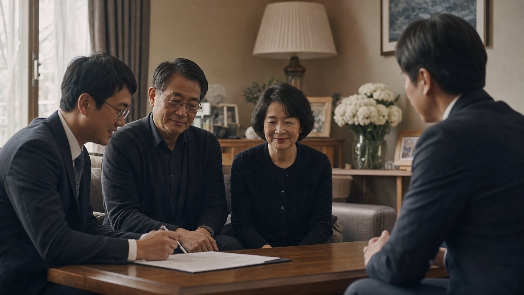 검토를 마친 상조 계약서를 덮으며 안심하는 가족