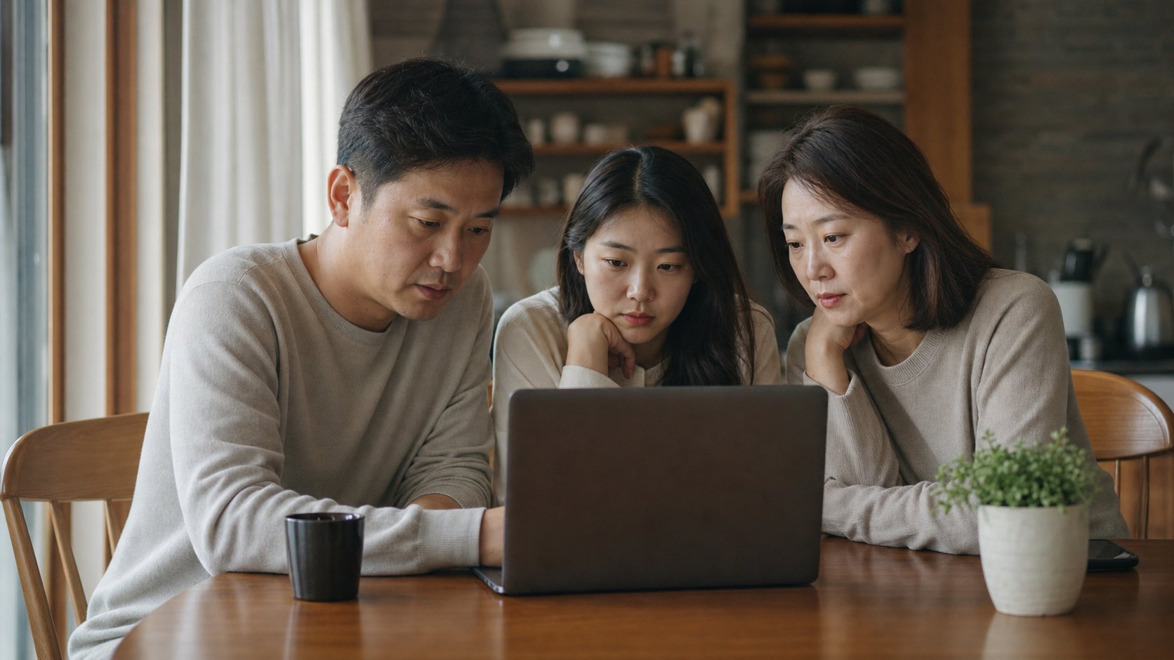 가족이 노트북으로 상조회사 등록 정보를 함께 확인하는 모습