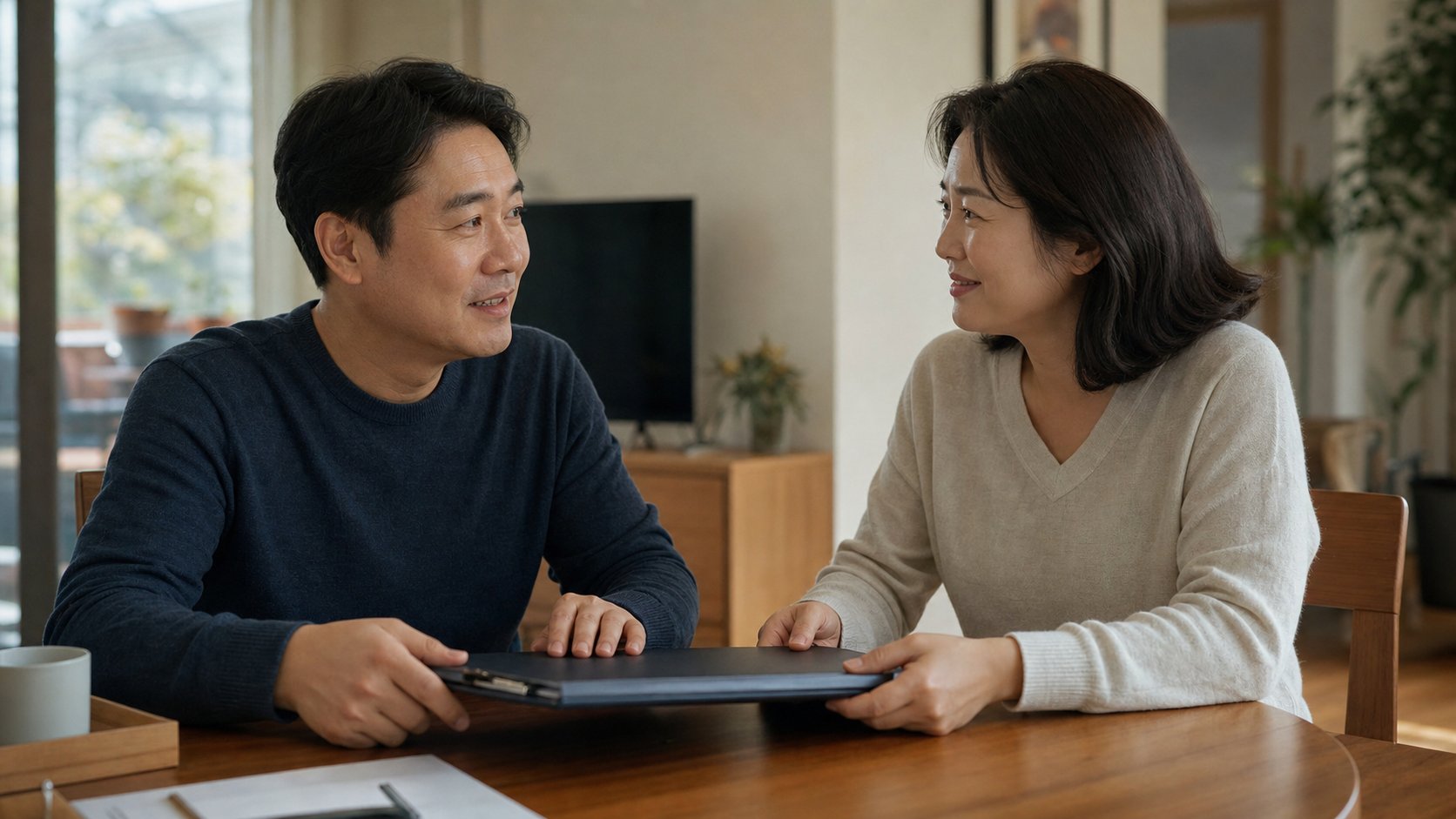부부가 정리된 계약서를 덮으며 안심한 표정으로 마주보는 장면