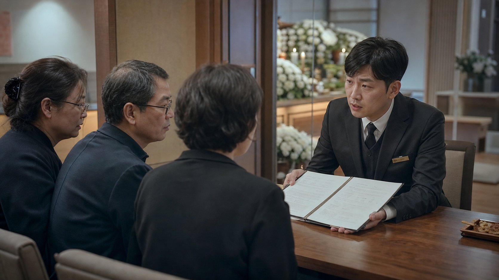 장례지도사가 유가족에게 빈소 예약 서류를 보여주며 설명하는 상담 장면
