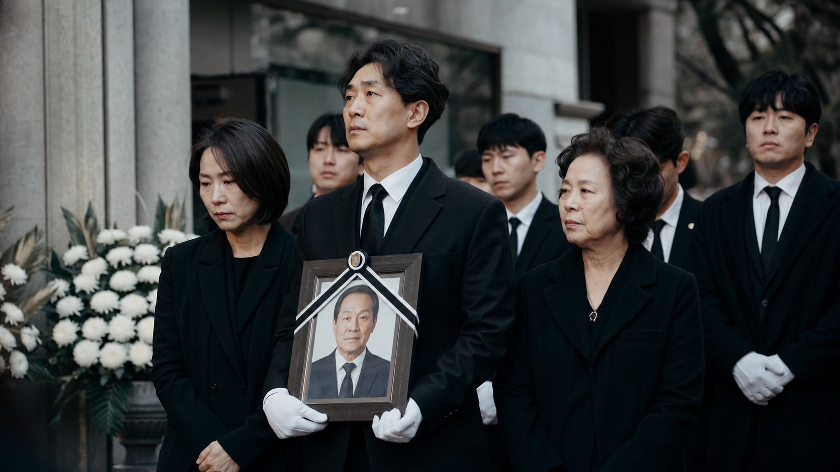 발인 날 가족들이 영정을 들고 장례식장 앞에 모여 있는 모습