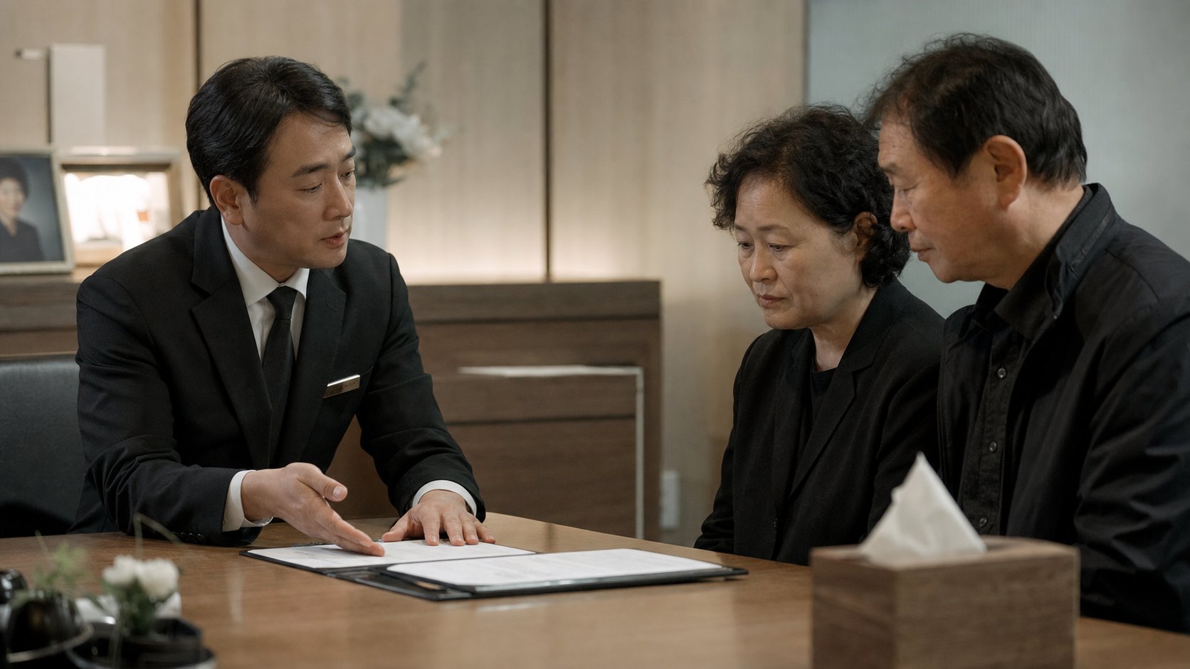 장례지도사가 유가족에게 첫째 날 절차를 안내하는 상담 장면