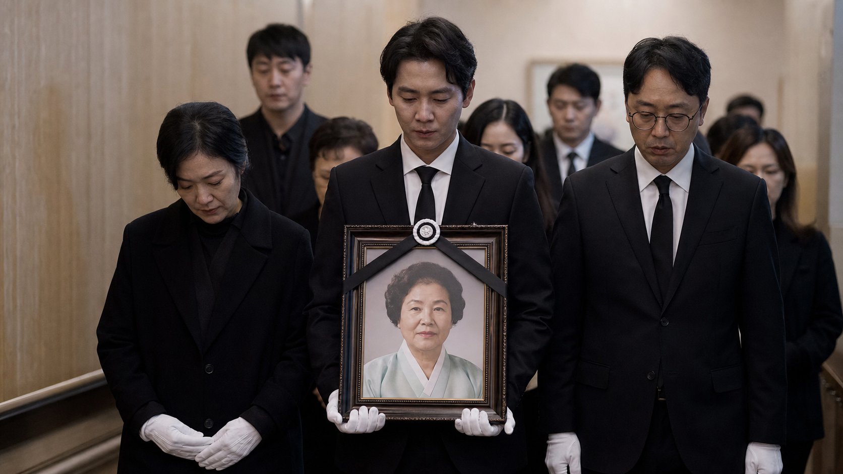 발인 날 가족들이 영정을 모시고 장례식장을 나서는 엄숙한 장면