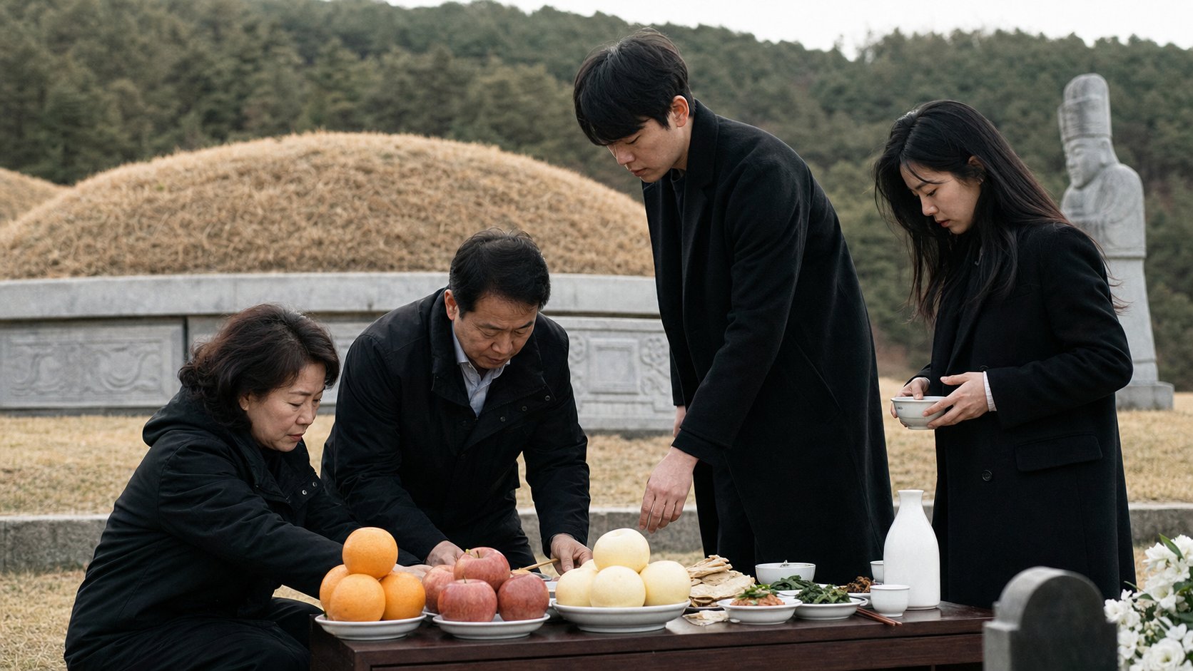 산소에서 삼우제 상차림을 준비하는 가족
