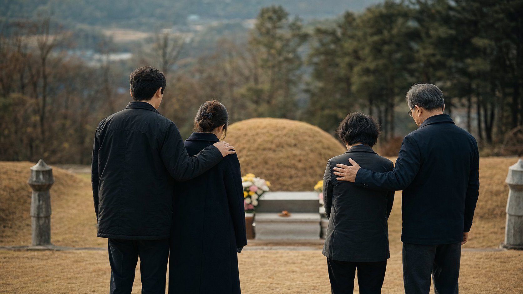 첫 성묘를 마치고 서로를 다독이는 가족