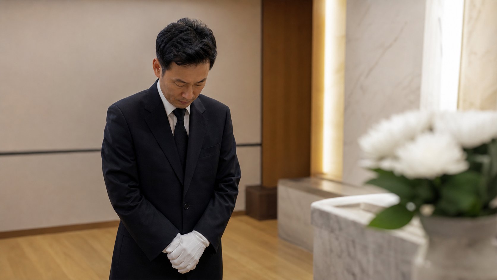 추모 공간에서 묵념하는 공영장례 관계자