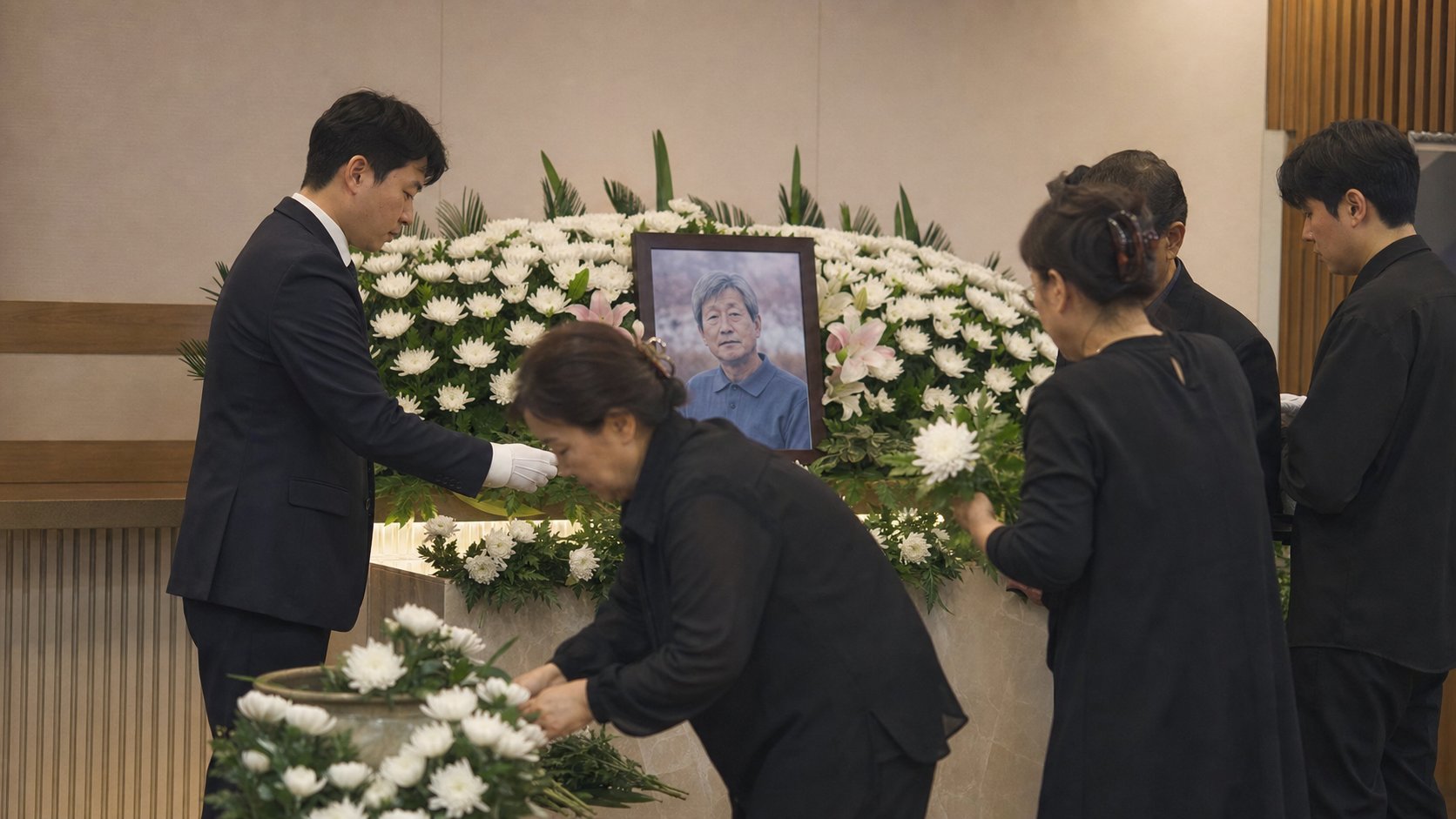 빈소에 영정과 제단을 차리는 장례지도사와 가족