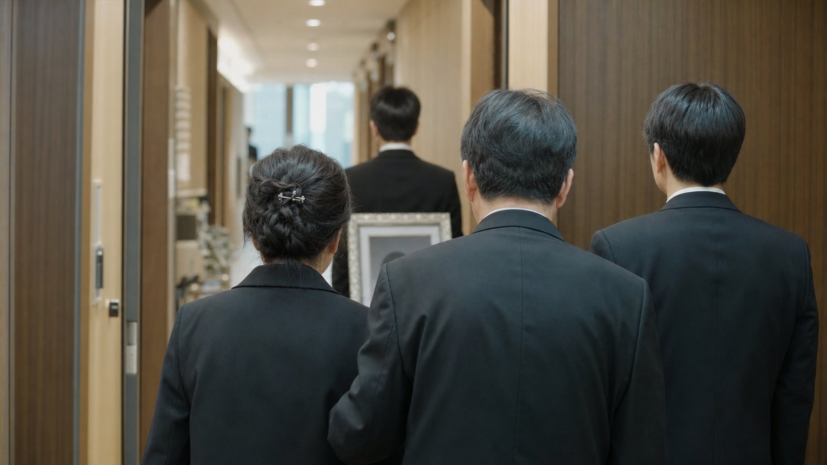 발인 날 영정을 앞세우고 빈소를 나서는 가족