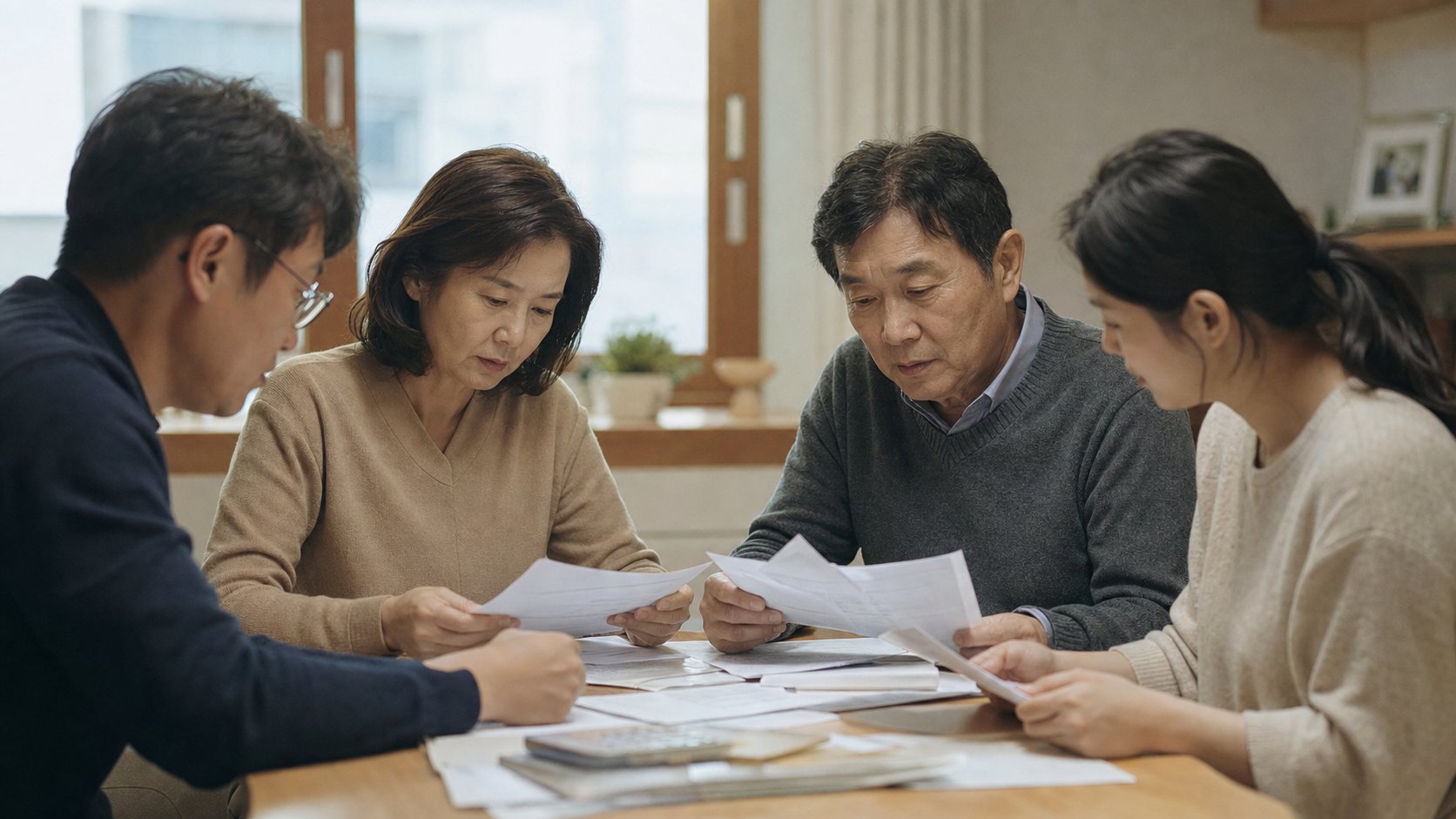 서류를 정리하며 상의하는 가족
