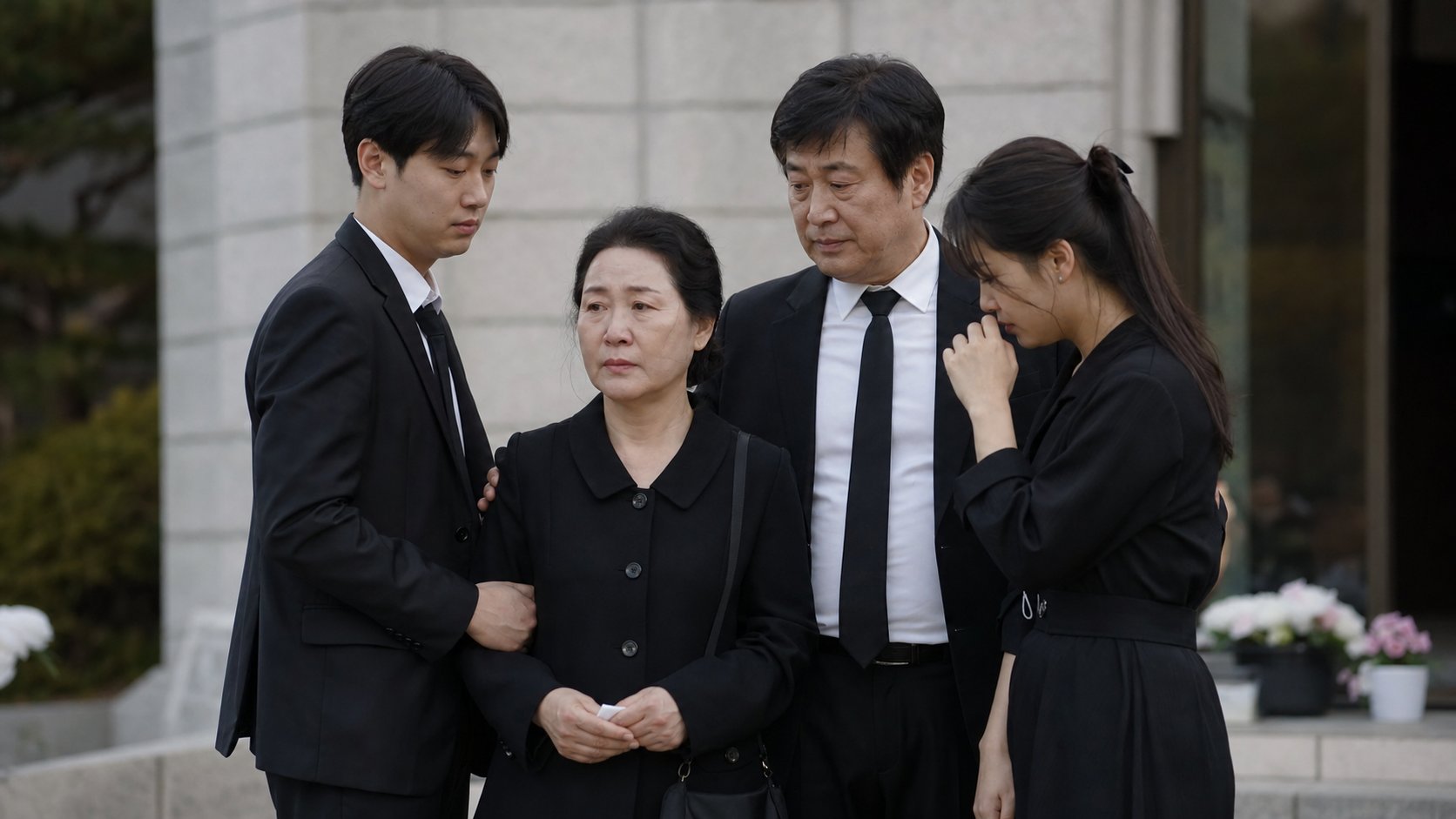 발인을 마치고 봉안 시설 앞에서 마음을 추스르는 가족