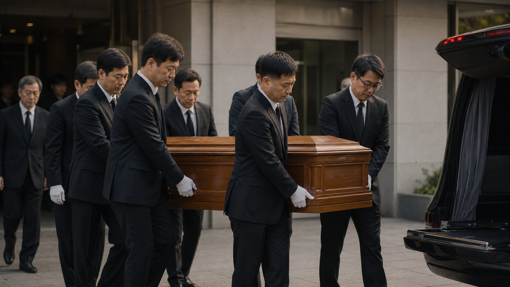 관을 영구차로 옮기는 운구 장면