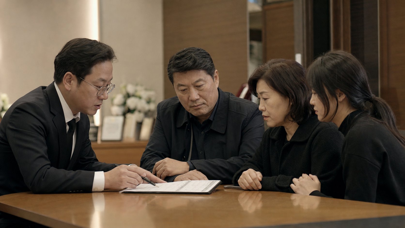 견적서를 보며 일정과 비용을 상의하는 가족과 장례지도사