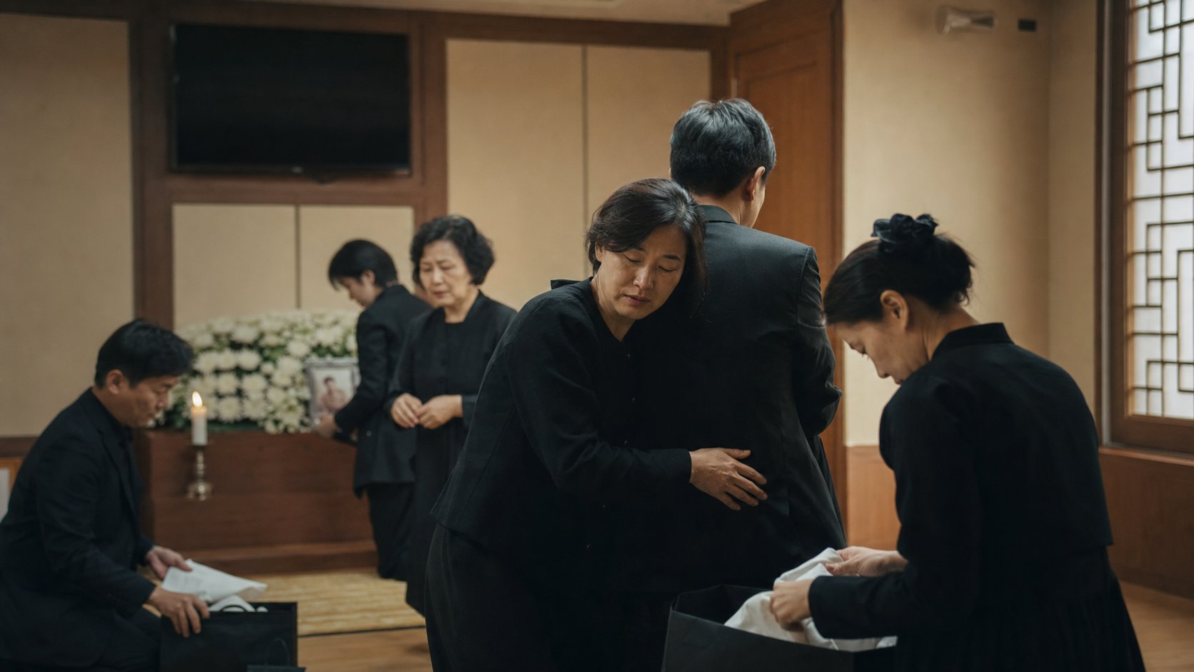 장례를 마치고 서로를 위로하는 가족