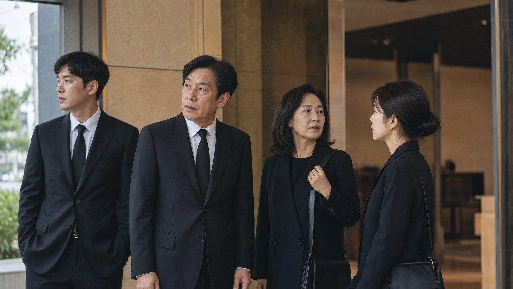 장례식장 입구에서 시설을 둘러보는 가족