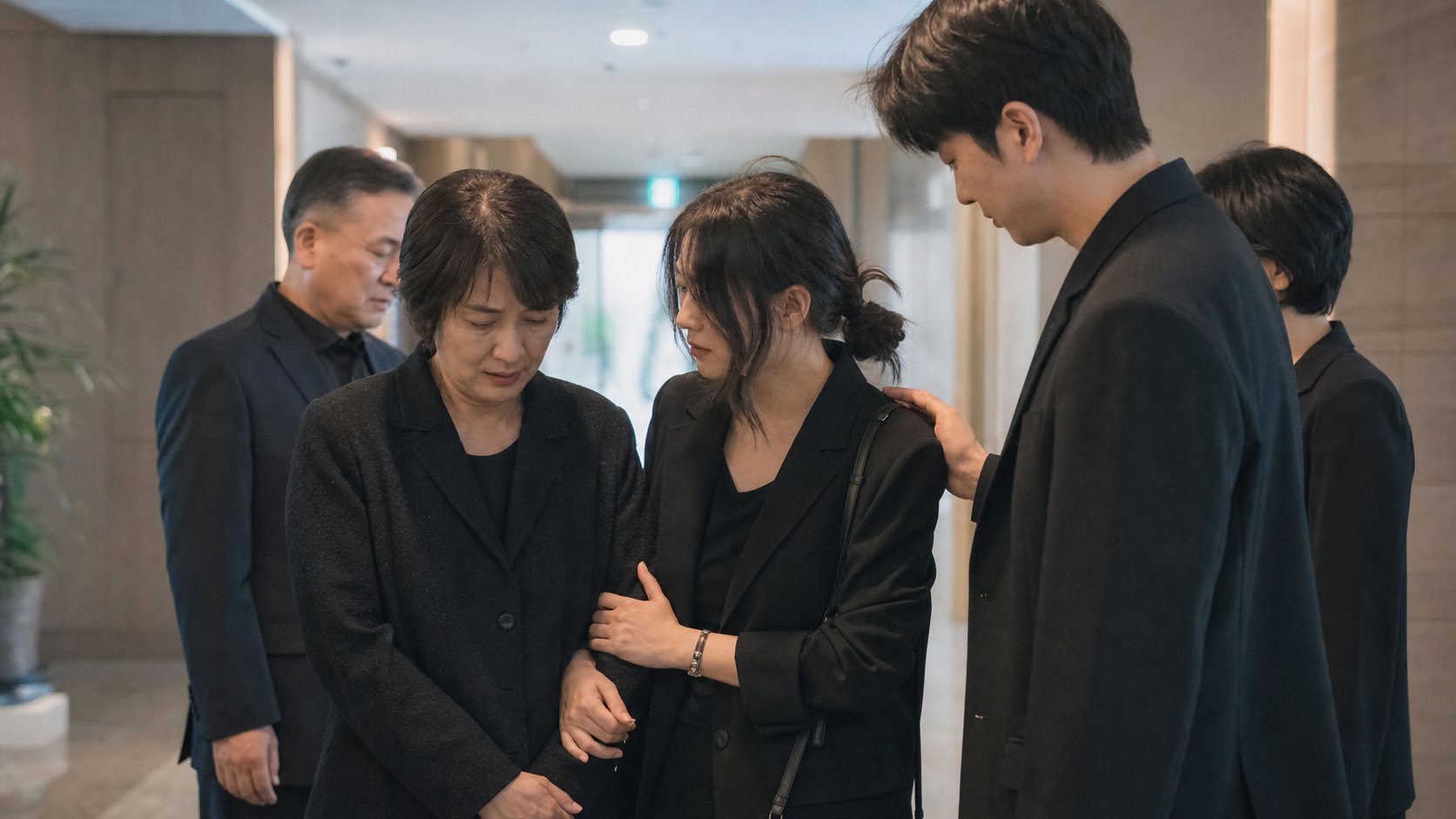 복도에서 서로를 위로하는 가족