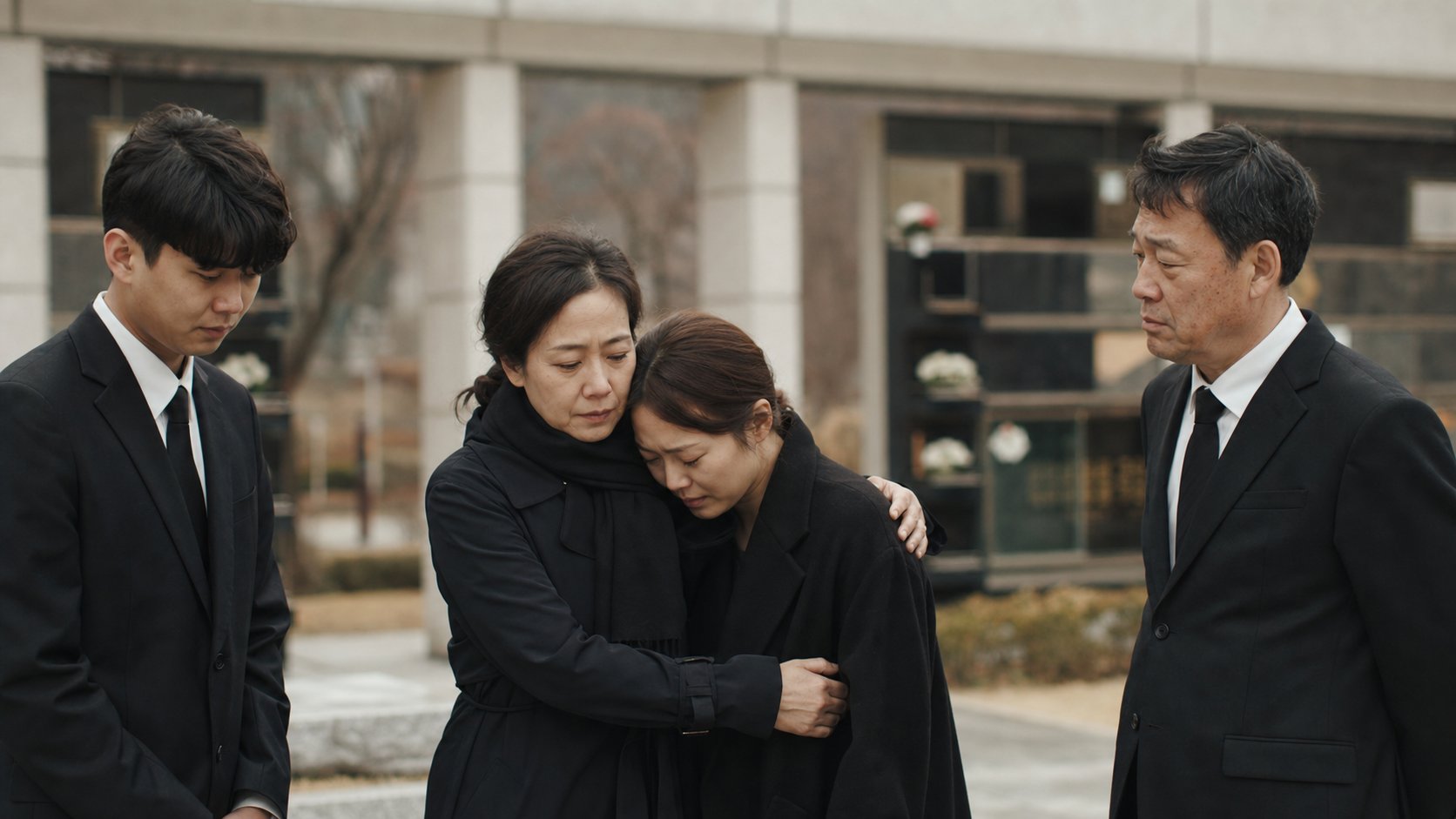 발인 후 봉안 시설 앞에서 마음을 추스르는 가족