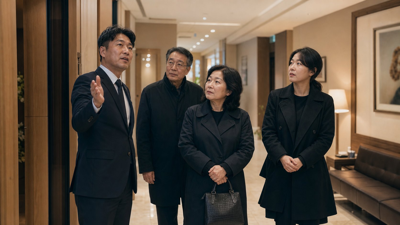 장례식장 시설을 둘러보는 가족