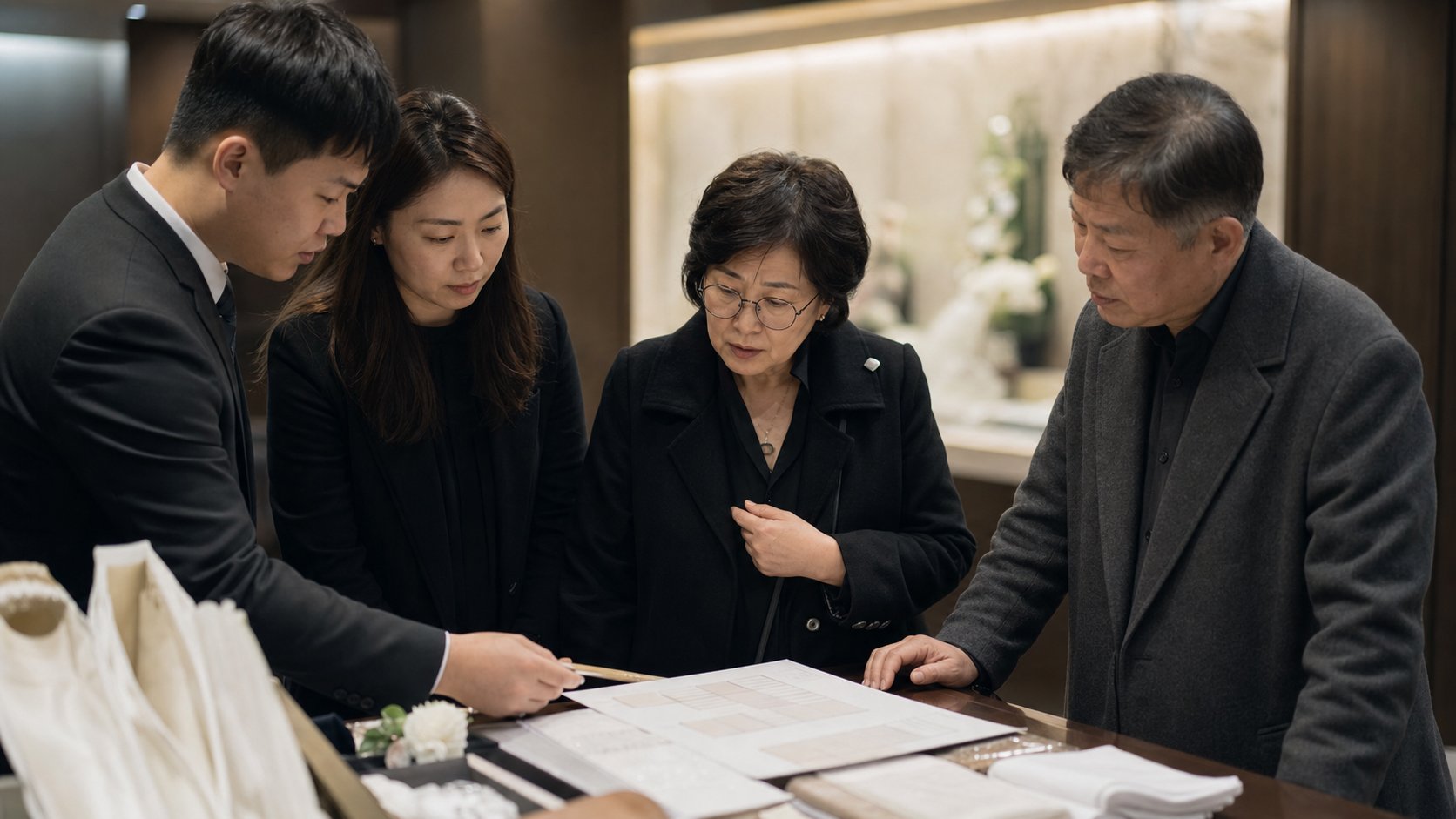 장례용품과 견적을 살펴보는 가족