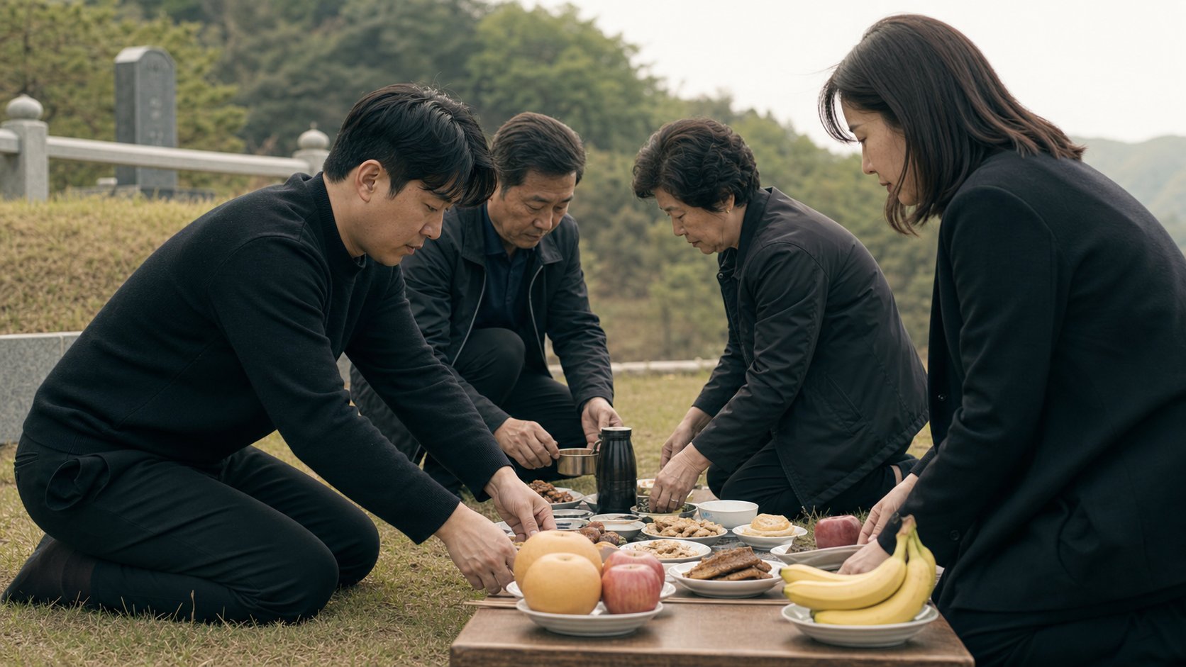 삼우제 상차림을 준비하는 사위와 처가 가족