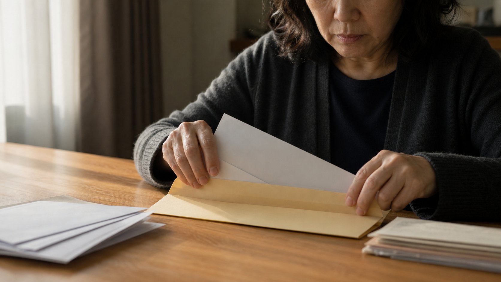 명의변경 서류를 봉투에 정리하는 손