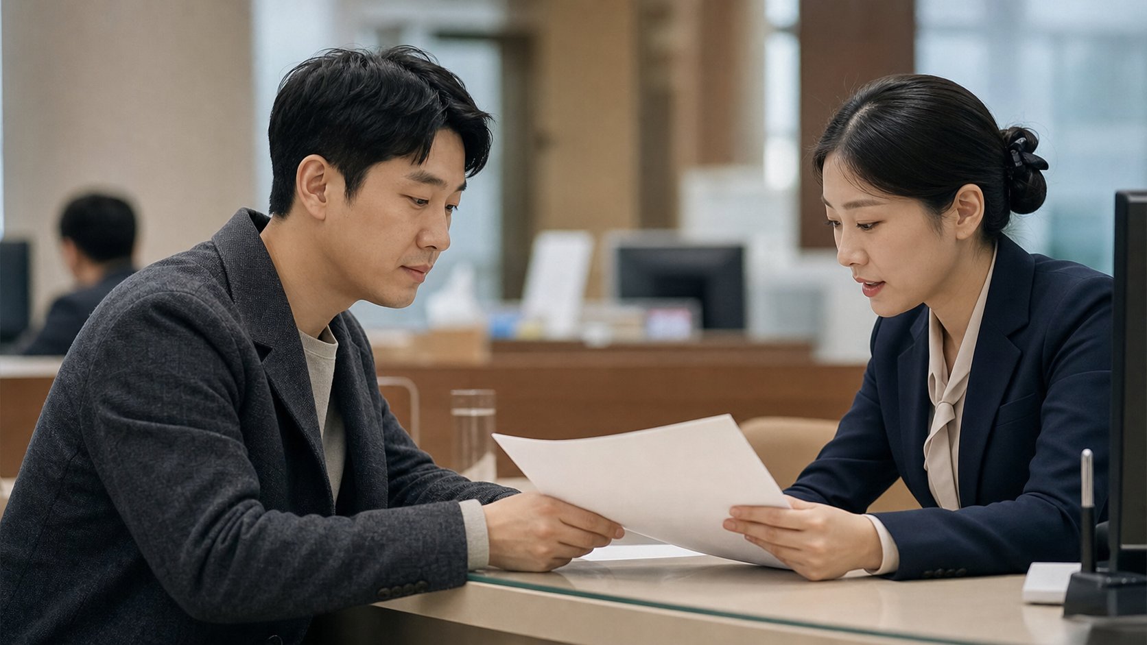 은행 창구에서 대출 상담을 받는 모습