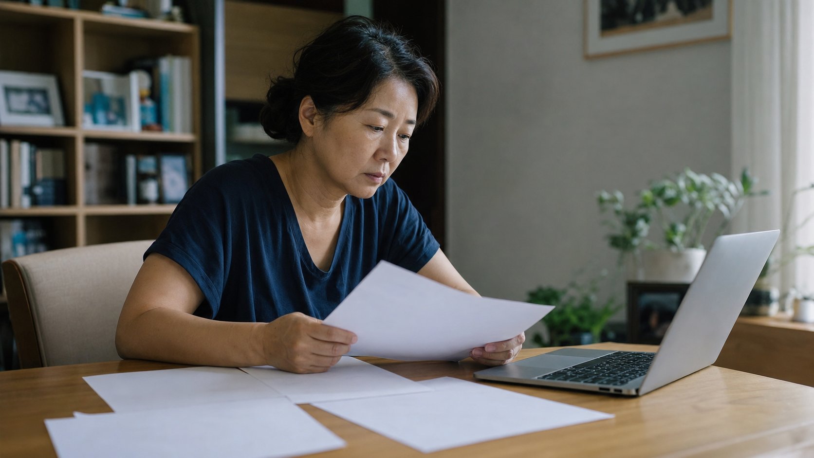 마일리지 내역과 서류를 노트북으로 확인하는 가족