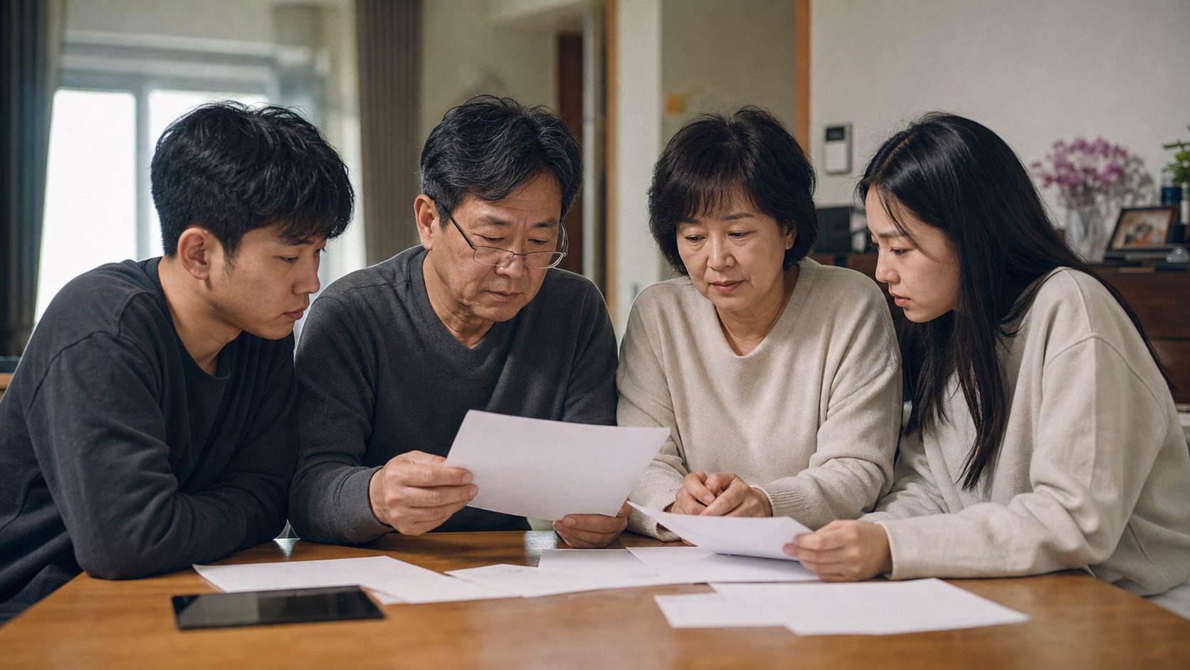 가족이 국민연금 안내문과 서류를 살펴보는 모습